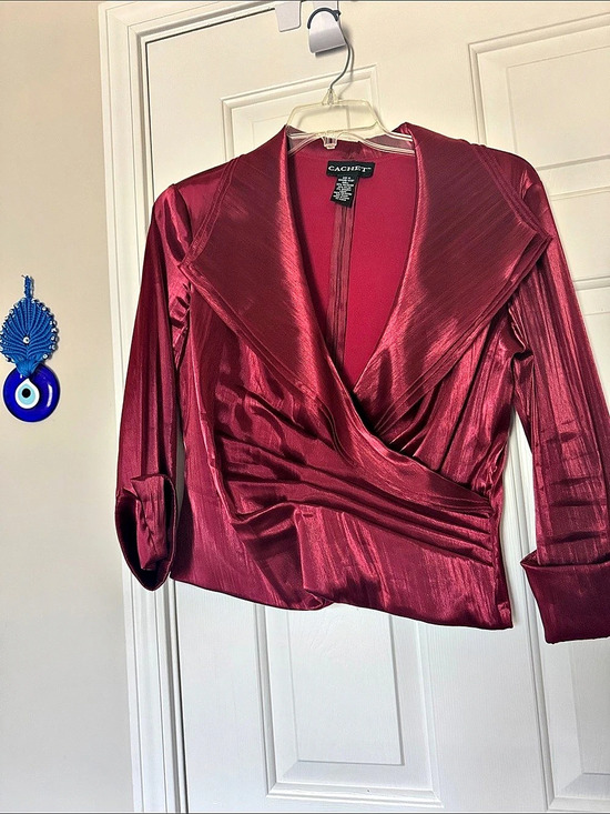 Cachet Tops - Cachet Satin-Look Wrap Blouse in Burgundy Size 14 Like New
